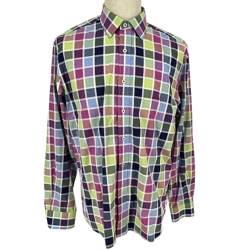 Bugatchi Uomo Mens Shaped Fit Long Sleeve Dress Shirt Colorful Checkered XL